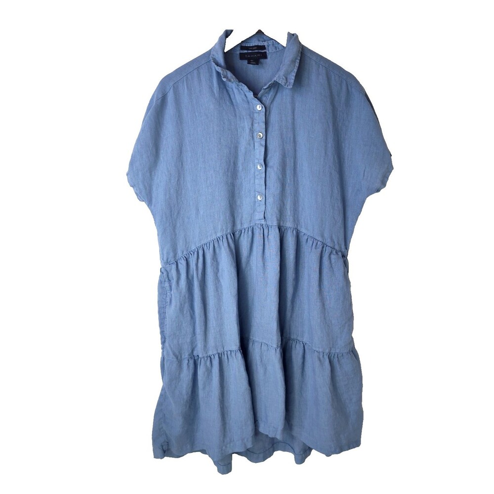 Tahari 100% Linen Short Sleeve Shirt Dress Blue Tired Women’s L Knee length